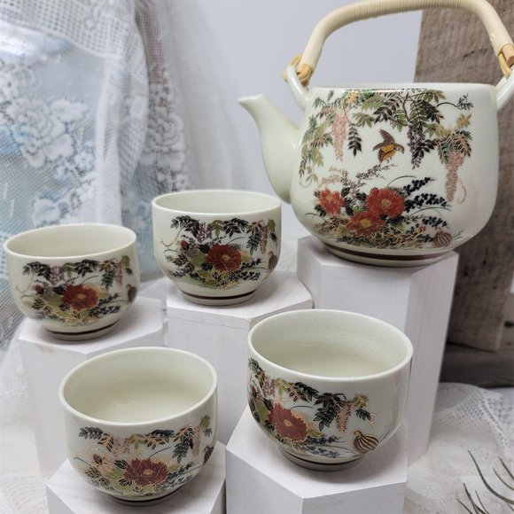 Vintage Teapot with 4 Cups Floral & Birds Japan - Picture 5 of 9